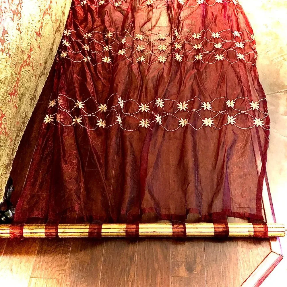 NWT ALEXANDRA'S ACCENTS Boho Embroidered Sheers Drapery Panels Burg\Gold 84x58